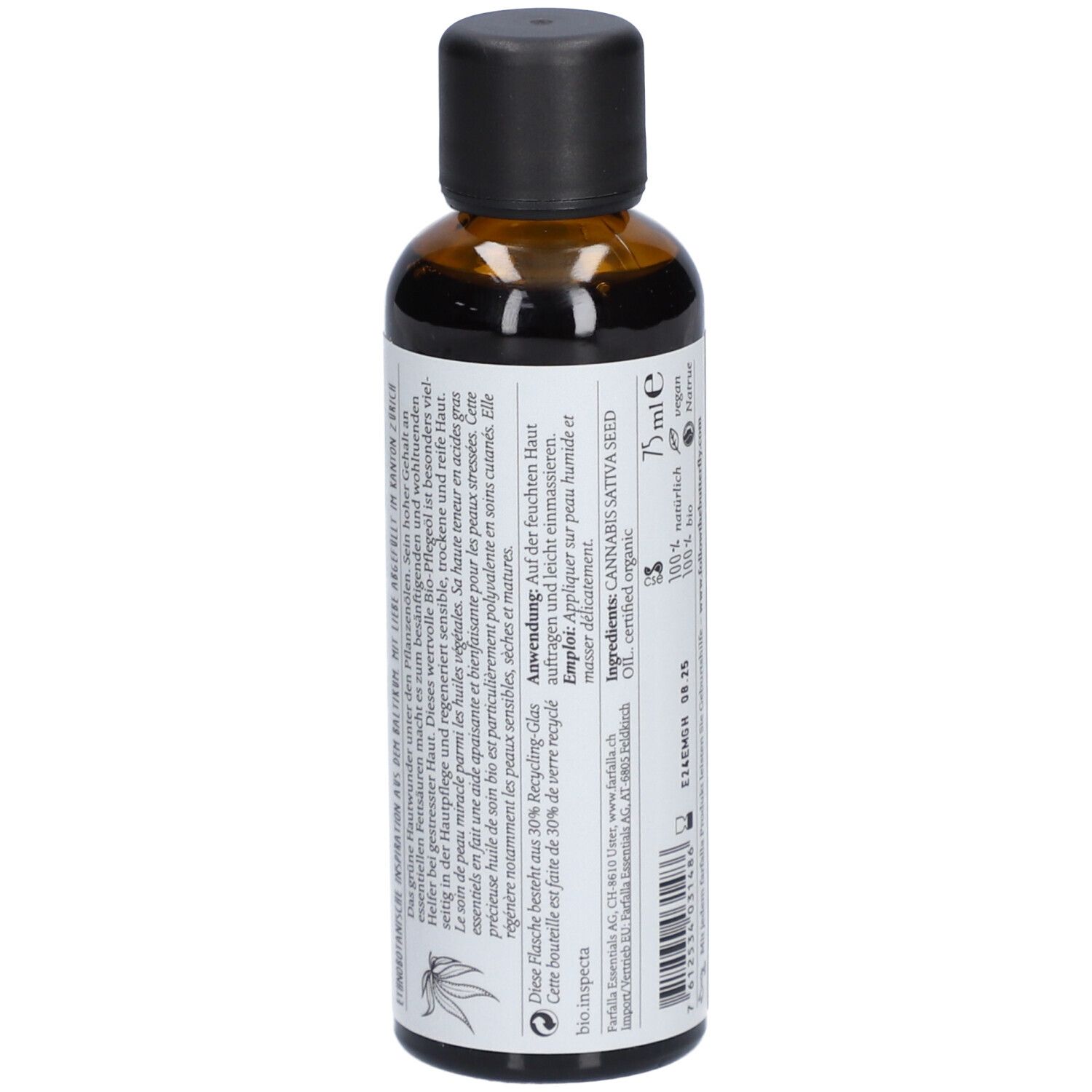 Braune Glasflasche mit schwarzem Deckel. Etikett mit Text, u.a. "CANNABIS SATIVA SEED OIL".