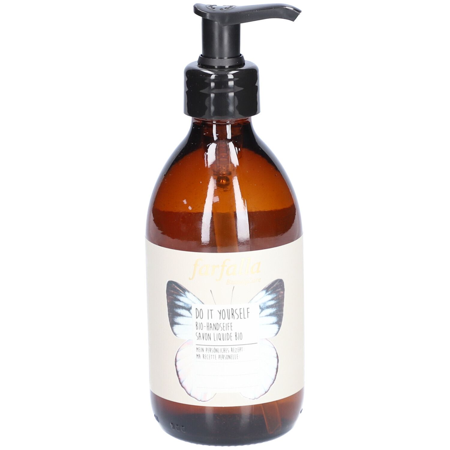 Bruine glazen fles met zwarte pomp. Etiket met vlinder en tekst: Do it Yourself, Savon liquide bio.