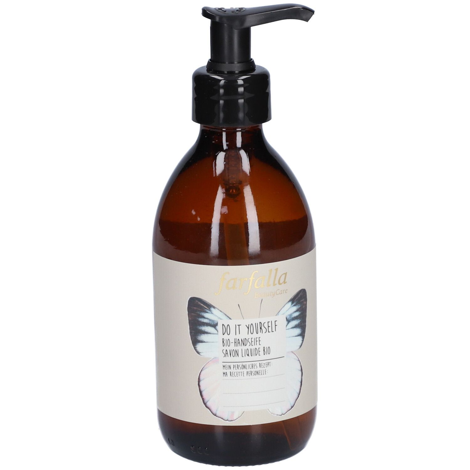 Bruine glazen fles met zwarte pomp. Etiket met vlinder en tekst: Do it Yourself, Savon liquide bio.