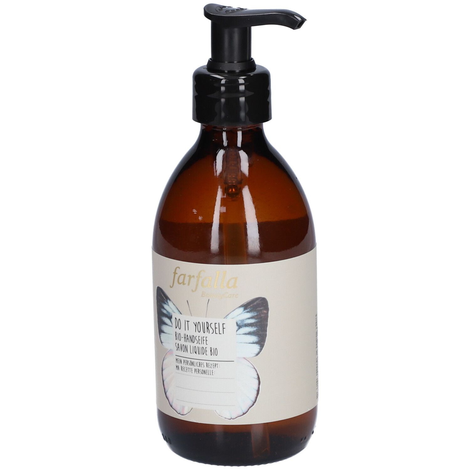 Bruine glazen fles met zwarte pomp. Etiket met vlinder en tekst: Do it Yourself, Savon liquide bio.