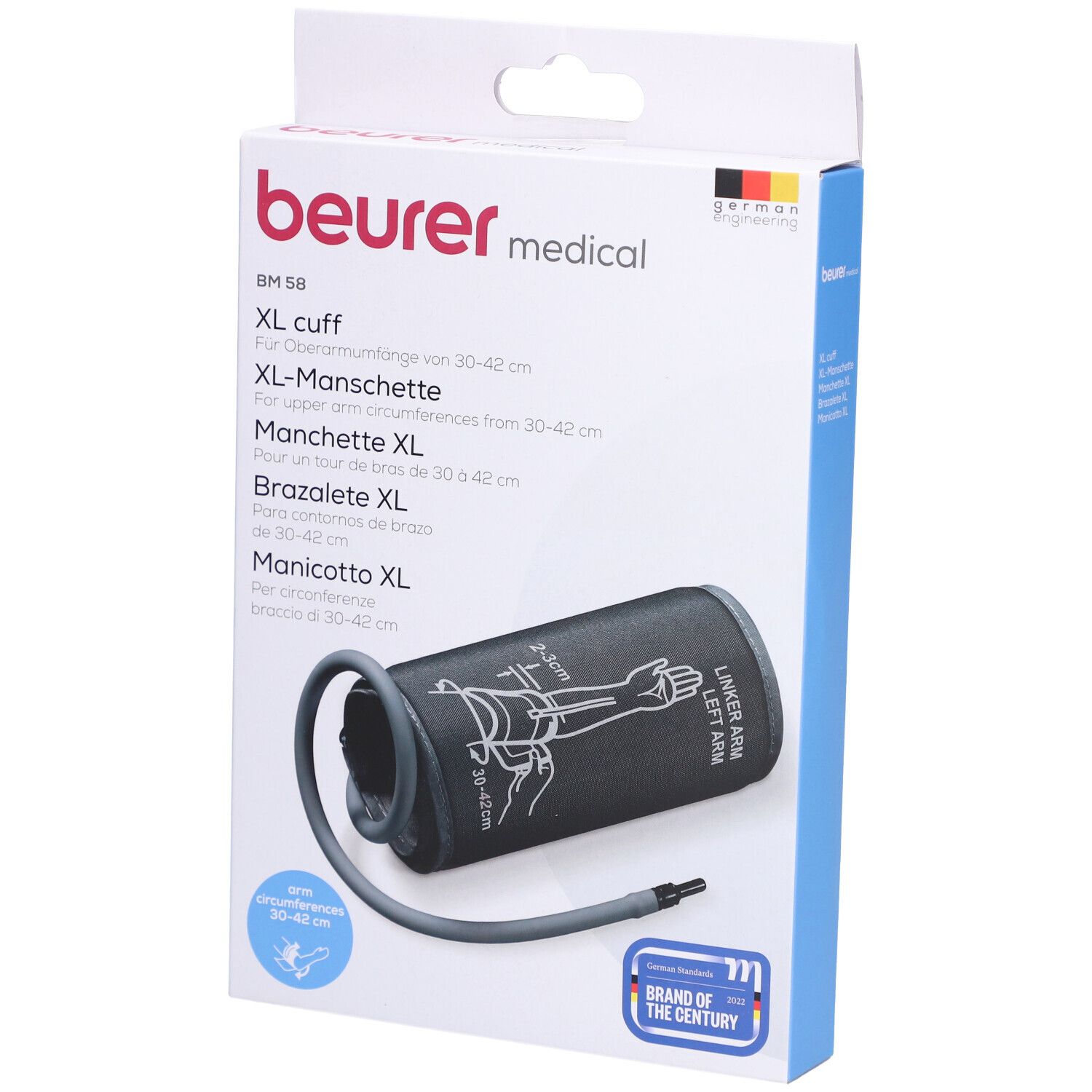 Beurer BM 58 XL-Manschette. Schwarze Manschette mit Schlauch, verpackt in weißer Box. Text: XL cuff, 30-42 cm.
