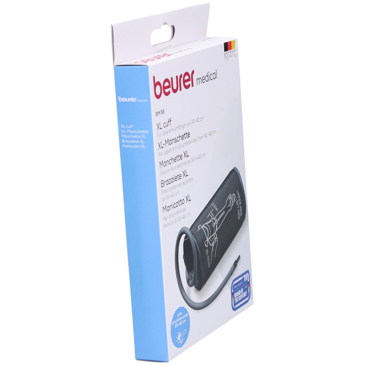 Beurer BM 58 XL-Manschette in Verpackung. Weiße Box mit Manschette, Schlauch. Marke und Produktbezeichnung sichtbar.