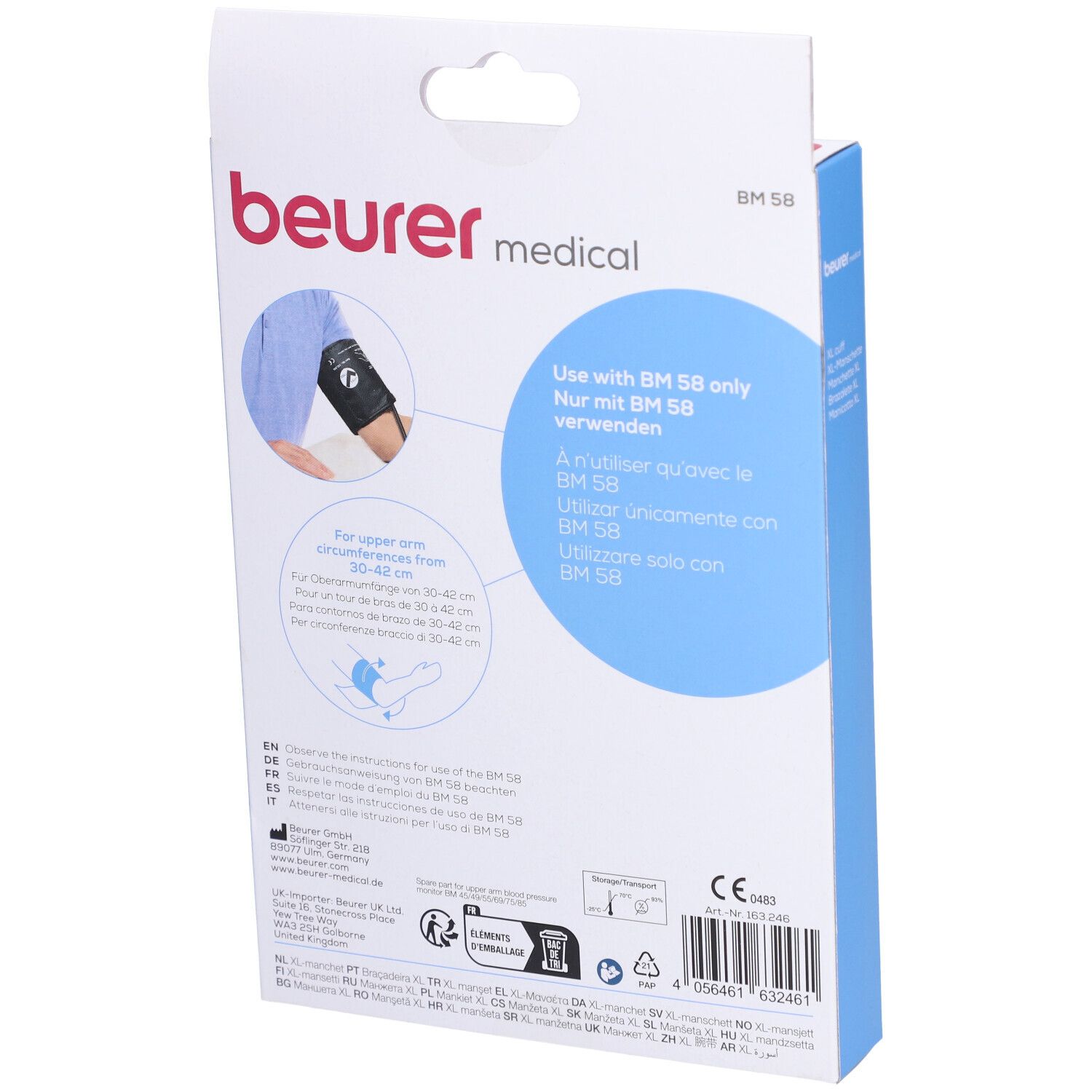 Rückseite der Beurer BM 58 Verpackung. Text: Nur mit BM 58 verwenden. Informationen zu Oberarmumfang und CE-Kennzeichnung.