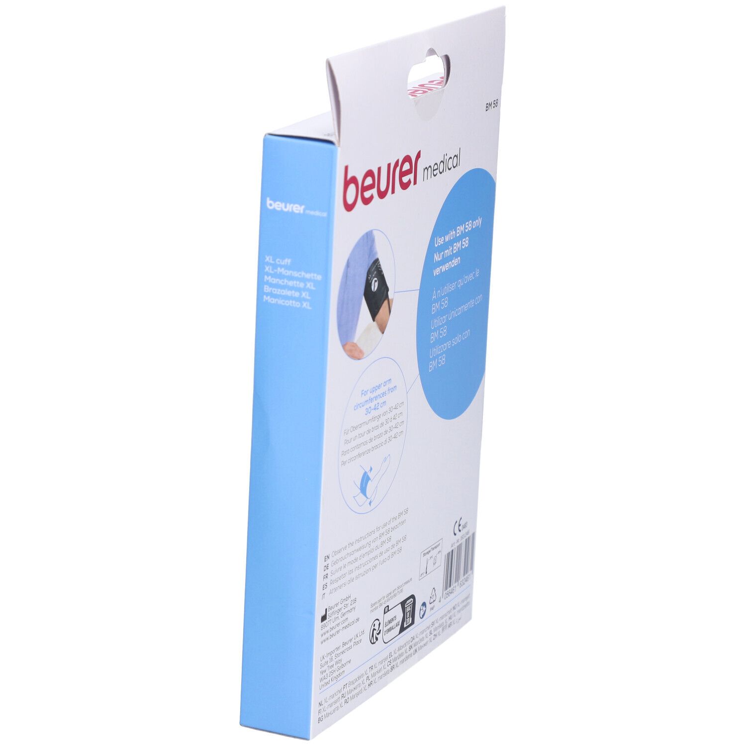 Seitenansicht der Beurer BM 58 Verpackung. Text: XL-Manschette, Informationen zur Verwendung mit BM 58.