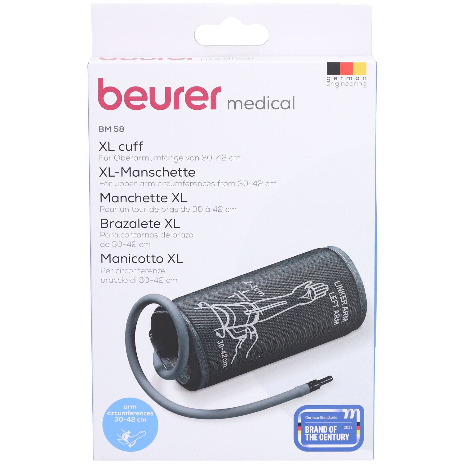 Beurer BM 58 XL-Manschette in Verpackung. Weiße Box mit Manschette, Schlauch. Marke und Produktbezeichnung sichtbar.