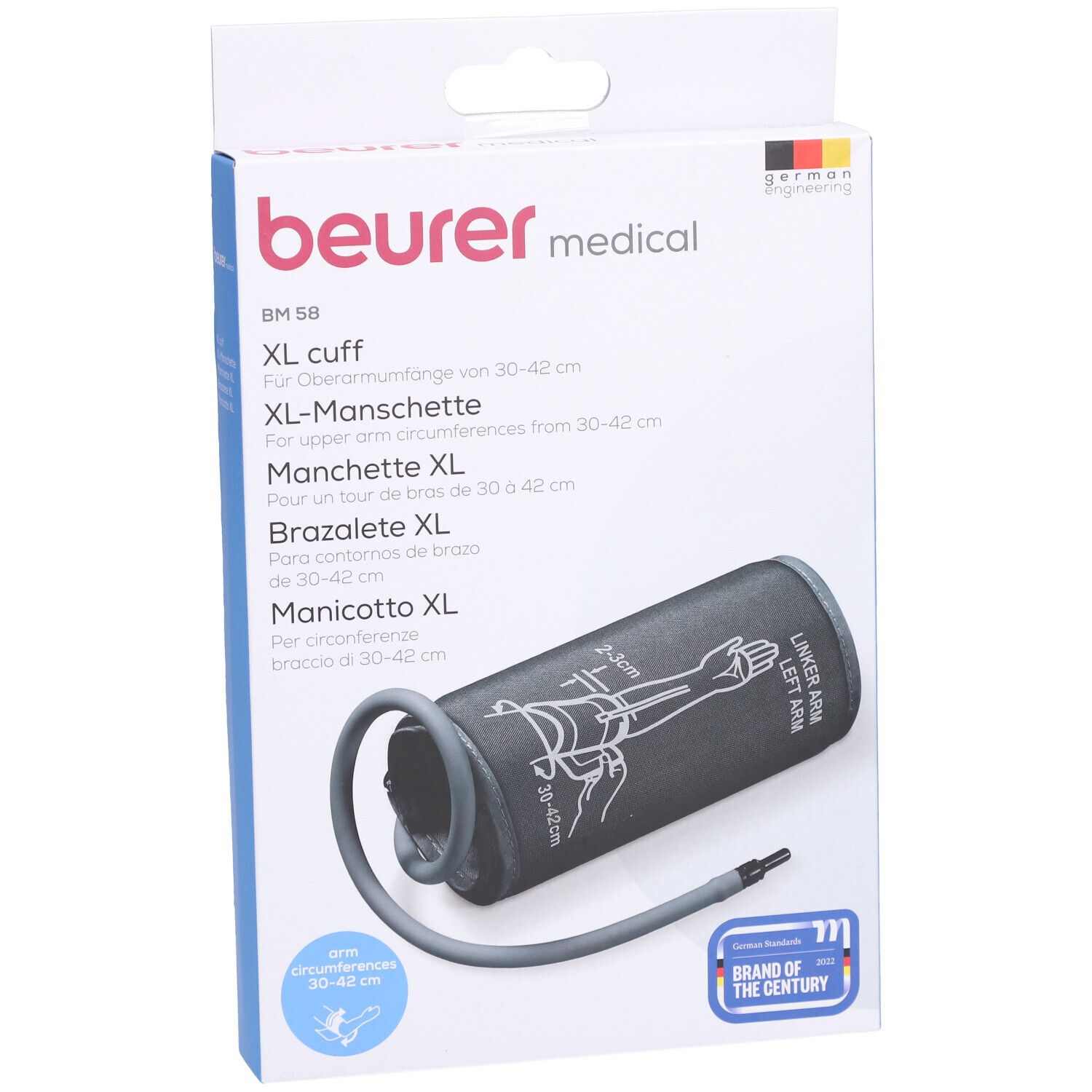 Beurer BM 58 XL-Manschette in Verpackung. Weiße Box mit Manschette, Schlauch. Marke und Produktbezeichnung sichtbar.