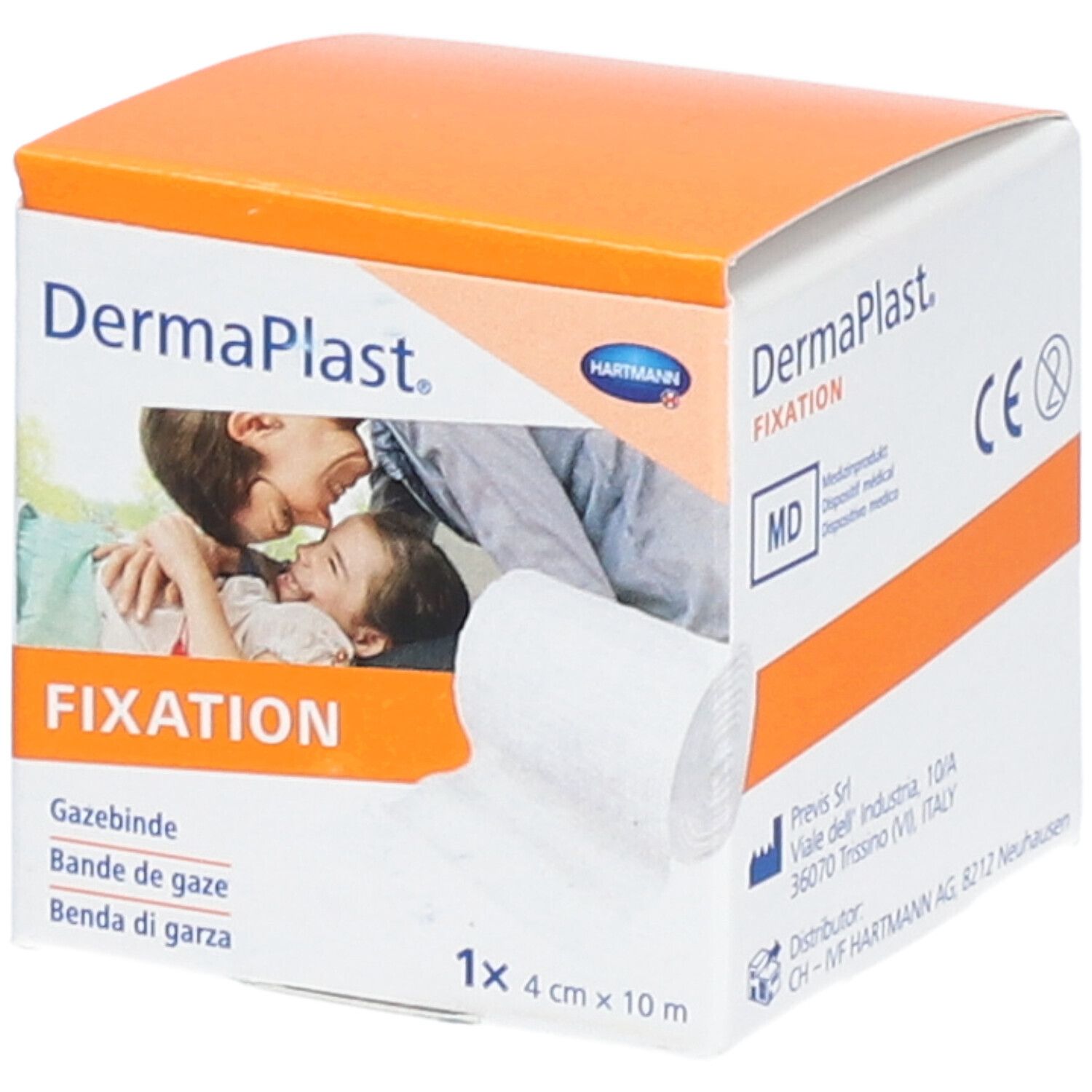 Dermaplast Fixation Mullbinde. Weiße Rolle in einer orange-weißen Schachtel. 4 cm x 10 m. CE-Kennzeichnung.