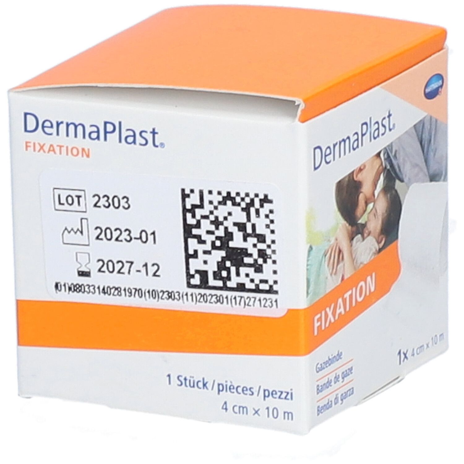 Dermaplast Fixation Mullbinde. Weiße Rolle in einer orange-weißen Schachtel. 4 cm x 10 m. Chargennummer und Verfallsdatum.