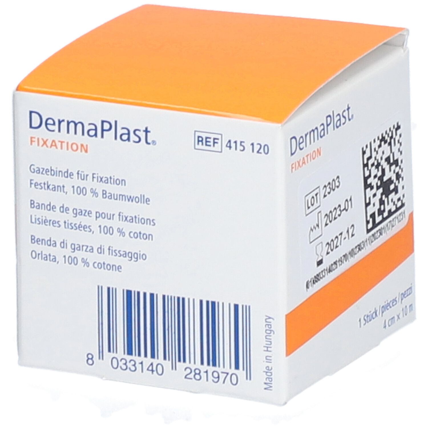 Dermaplast Fixation Mullbinde. Weiße Rolle in einer orange-weißen Schachtel. 4 cm x 10 m. REF-Nummer und Barcode.