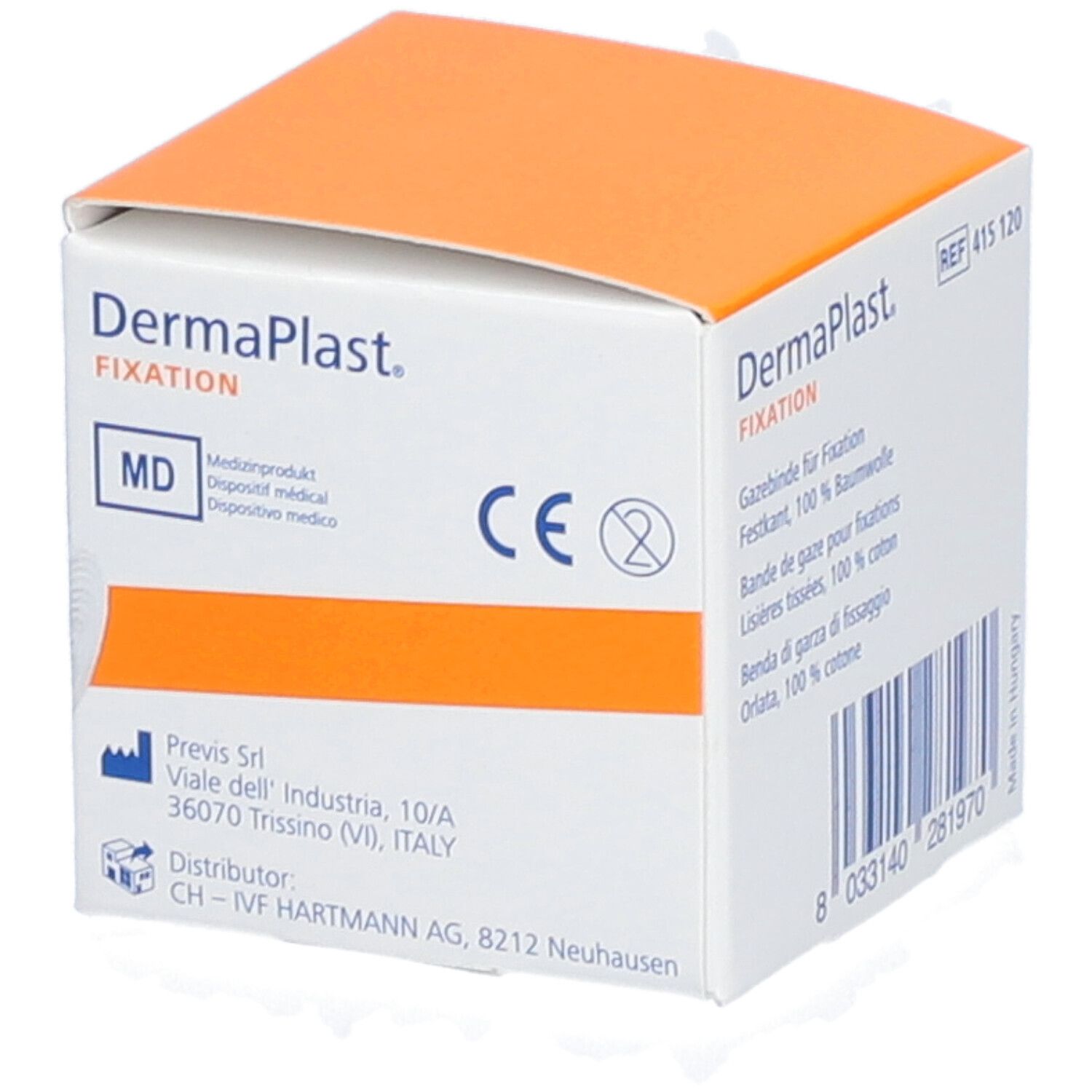 Dermaplast Fixation Mullbinde. Weiße Rolle in einer orange-weißen Schachtel. 4 cm x 10 m. MD-Kennzeichnung.