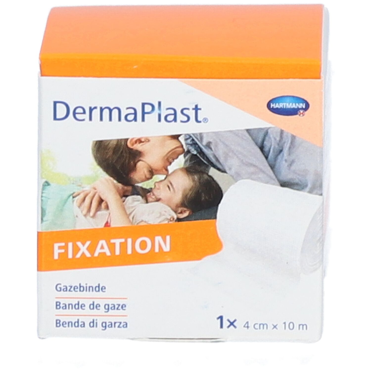 Dermaplast Fixation Mullbinde. Weiße Rolle in einer orange-weißen Schachtel. 4 cm x 10 m. Hartmann Logo.