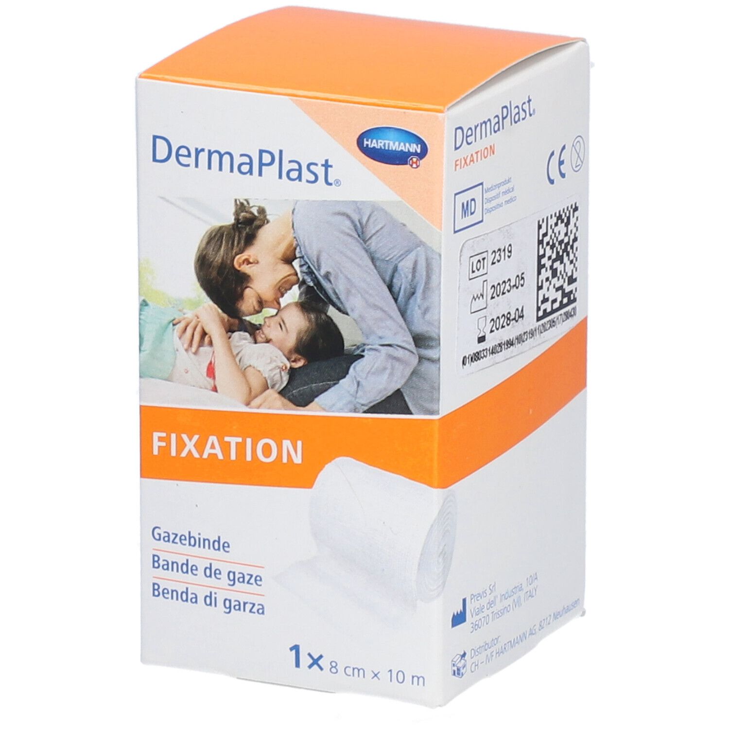 Verpackung von Dermaplast Fixation Mullbinde. 8 cm x 10 m. Bild zeigt Produkt und Mutter mit Kind. Enthält Gazebinde.