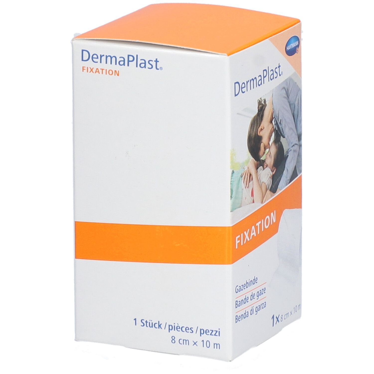 Dermaplast Fixation Verpackung. 8 cm x 10 m. Enthält Gazebinde. Produktverpackung mit orangefarbenen Akzenten. 1 Stück.