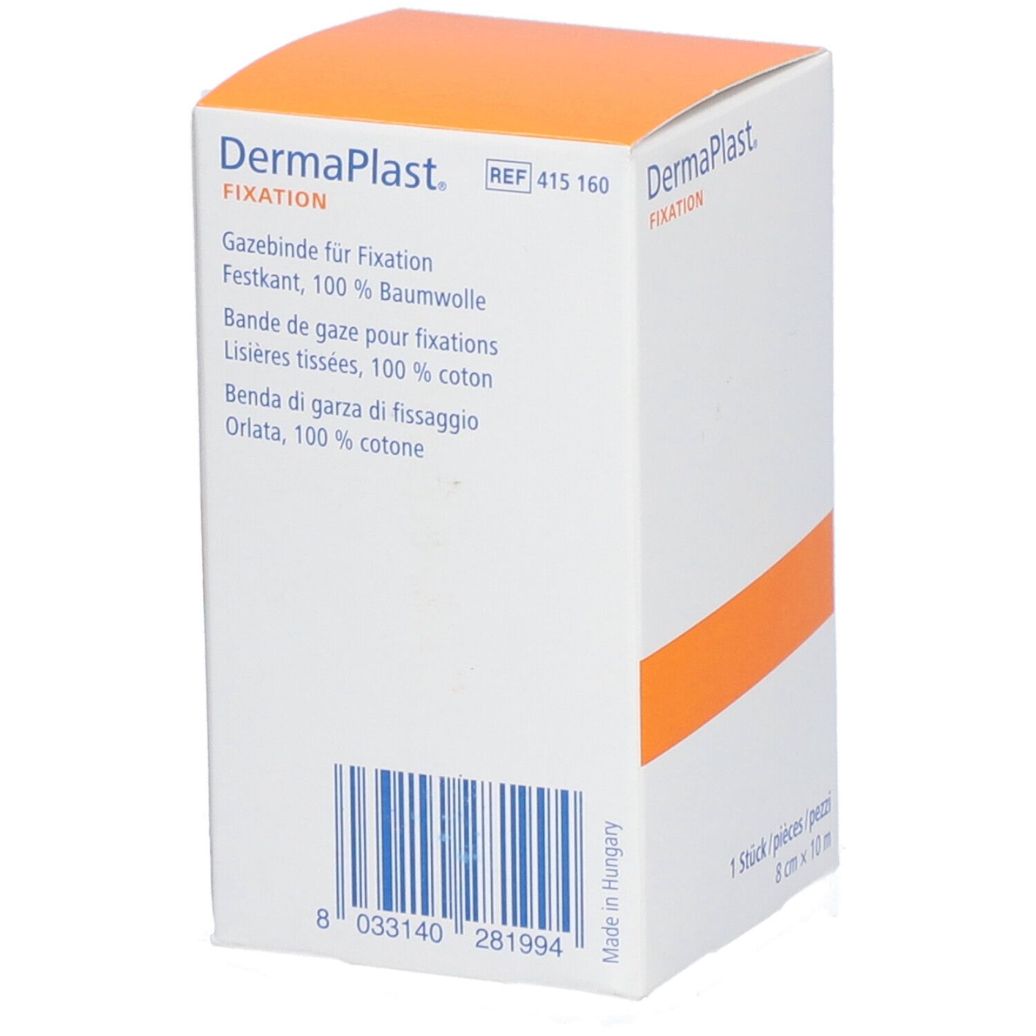 Dermaplast Fixation Verpackung. Enthält Gazebinde. Text: Festkant, 100% Baumwolle. Barcode. Orangefarbene Akzente. 1 Stück.