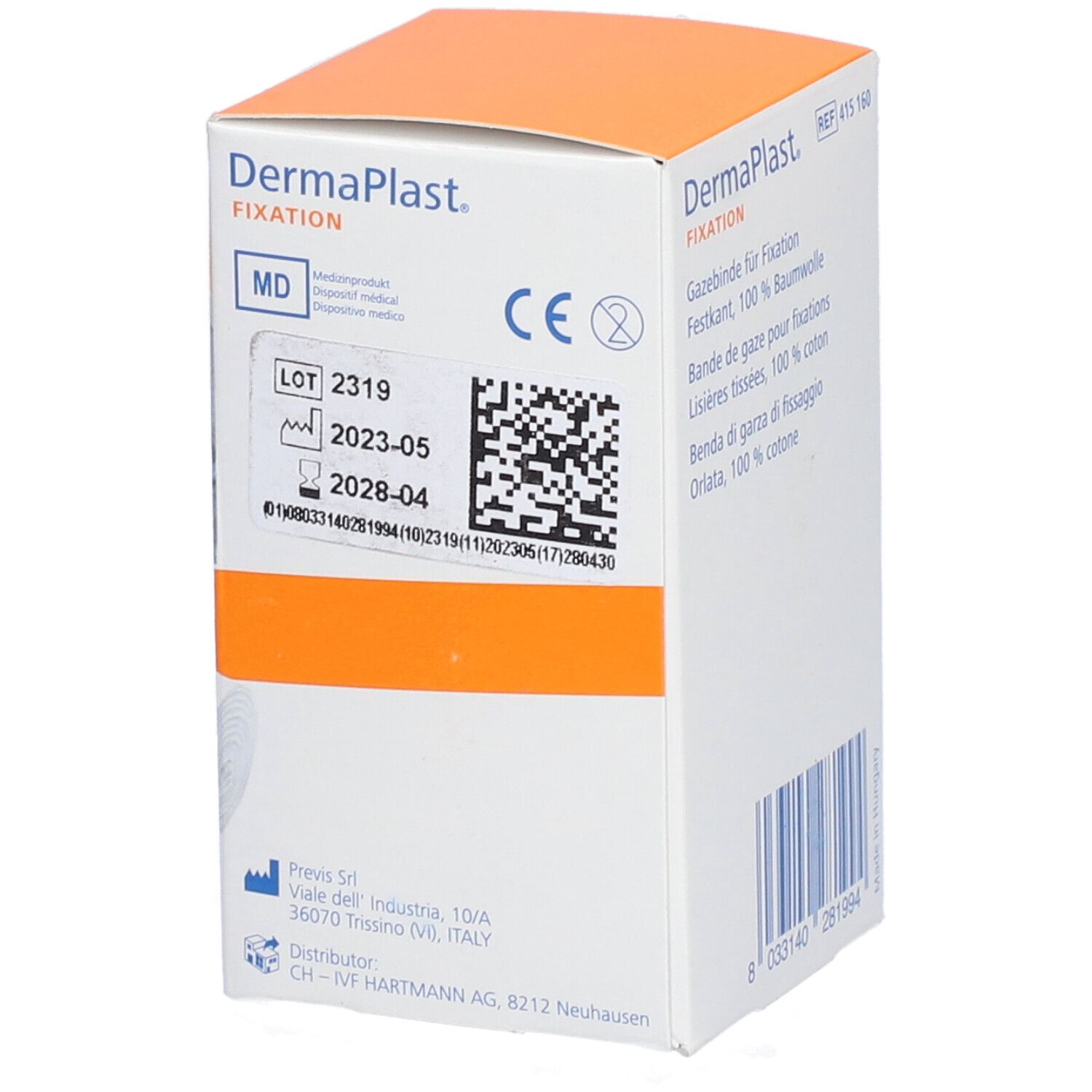 Dermaplast Fixation Verpackung. Enthält Gazebinde. Chargennummer und Verfallsdatum. CE-Kennzeichnung. Orangefarbene Akzente.