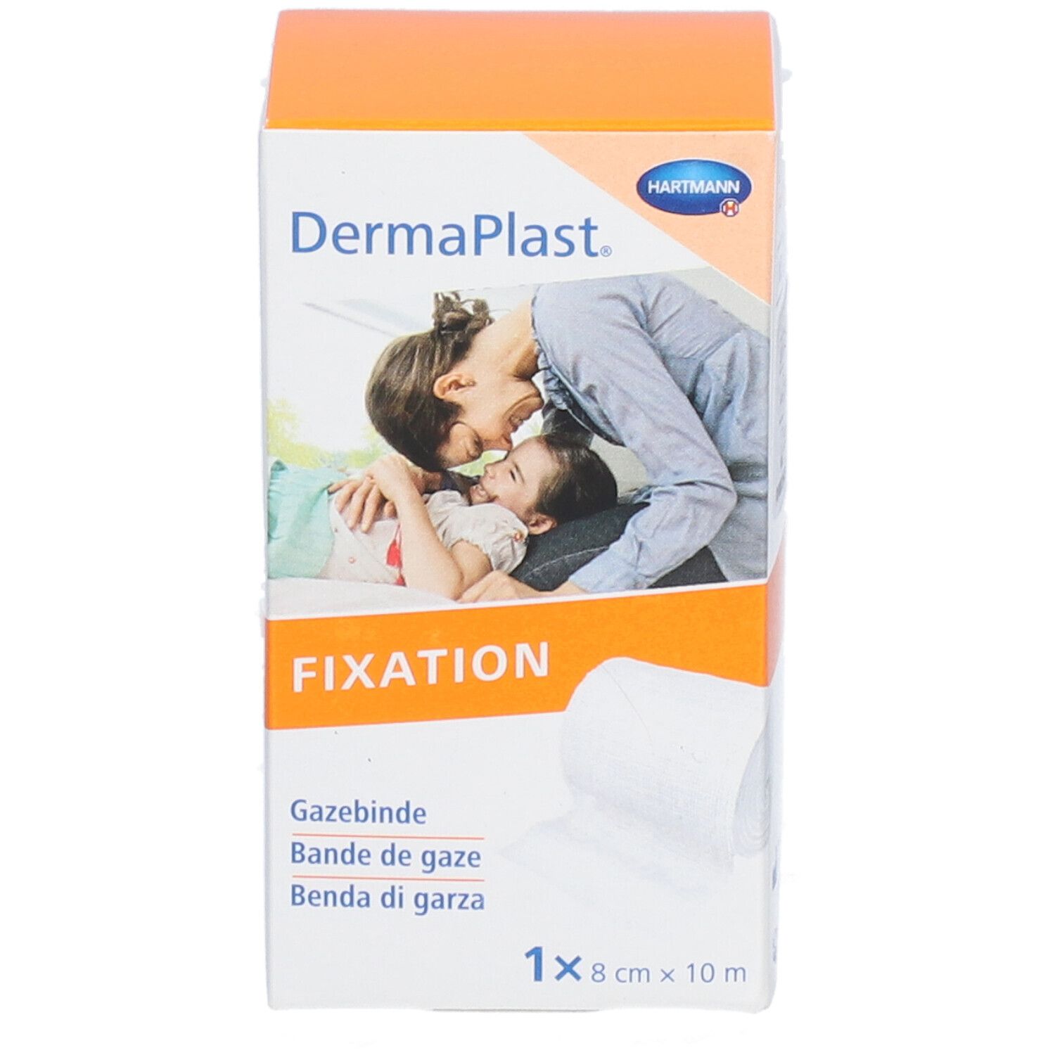 Dermaplast Fixation Verpackung. 8 cm x 10 m. Enthält Gazebinde. Bild zeigt Produkt und Mutter mit Kind. 1 Stück.