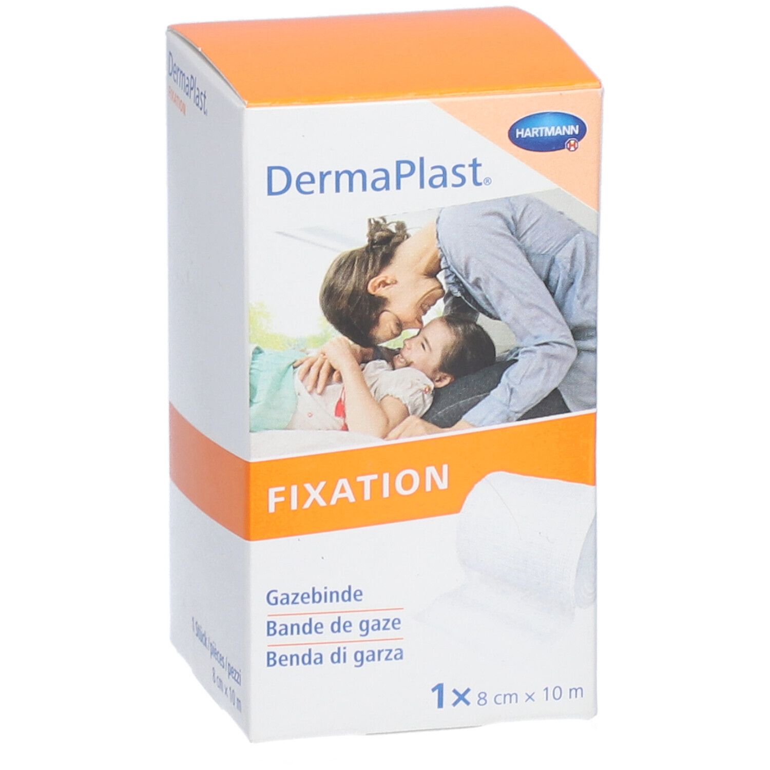 Dermaplast Fixation Verpackung. 8 cm x 10 m. Enthält Gazebinde. Produktverpackung mit orangefarbenen Akzenten. 1 Stück.