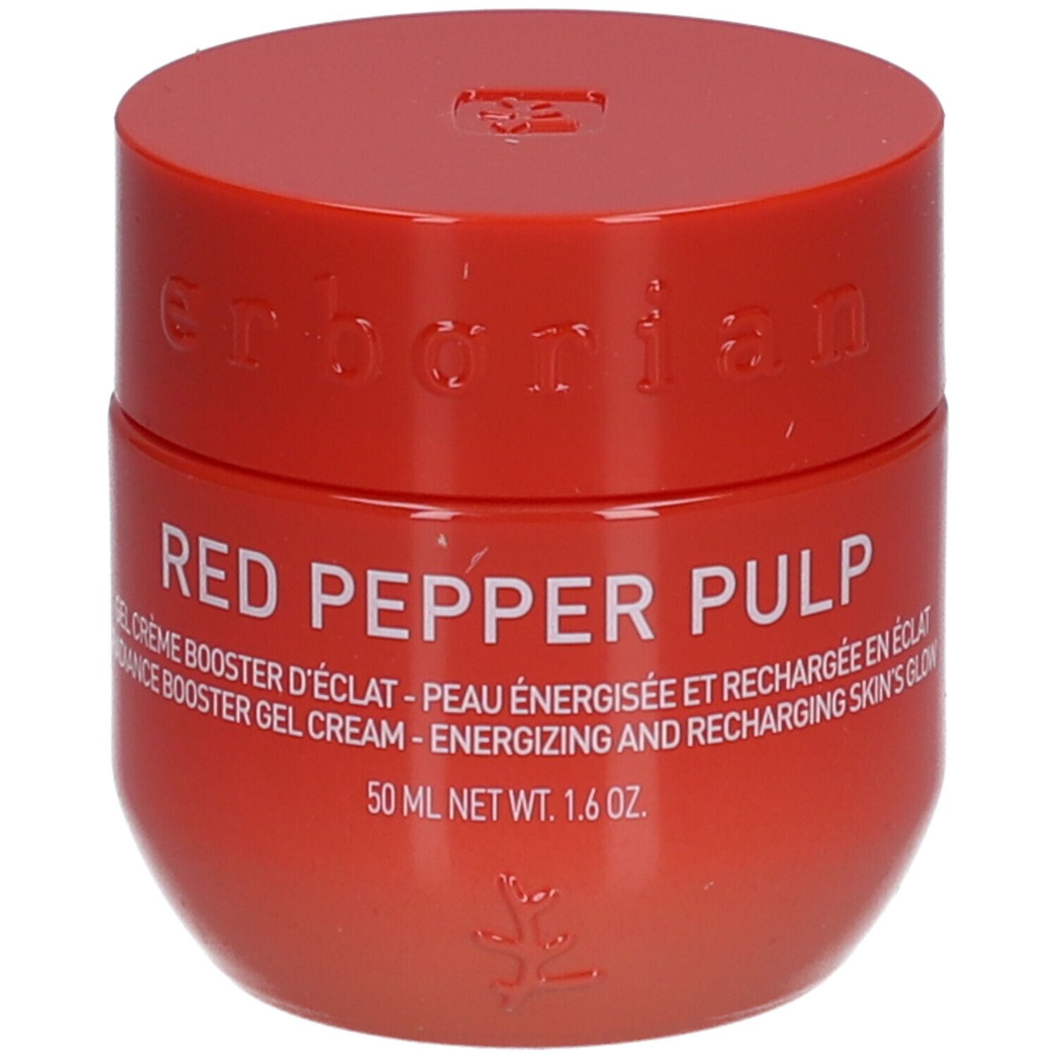 Roter Tiegel mit rotem Deckel. Aufschrift: Red Pepper Pulp, Gel Crème Booster d'Éclat. Marke Erborian.