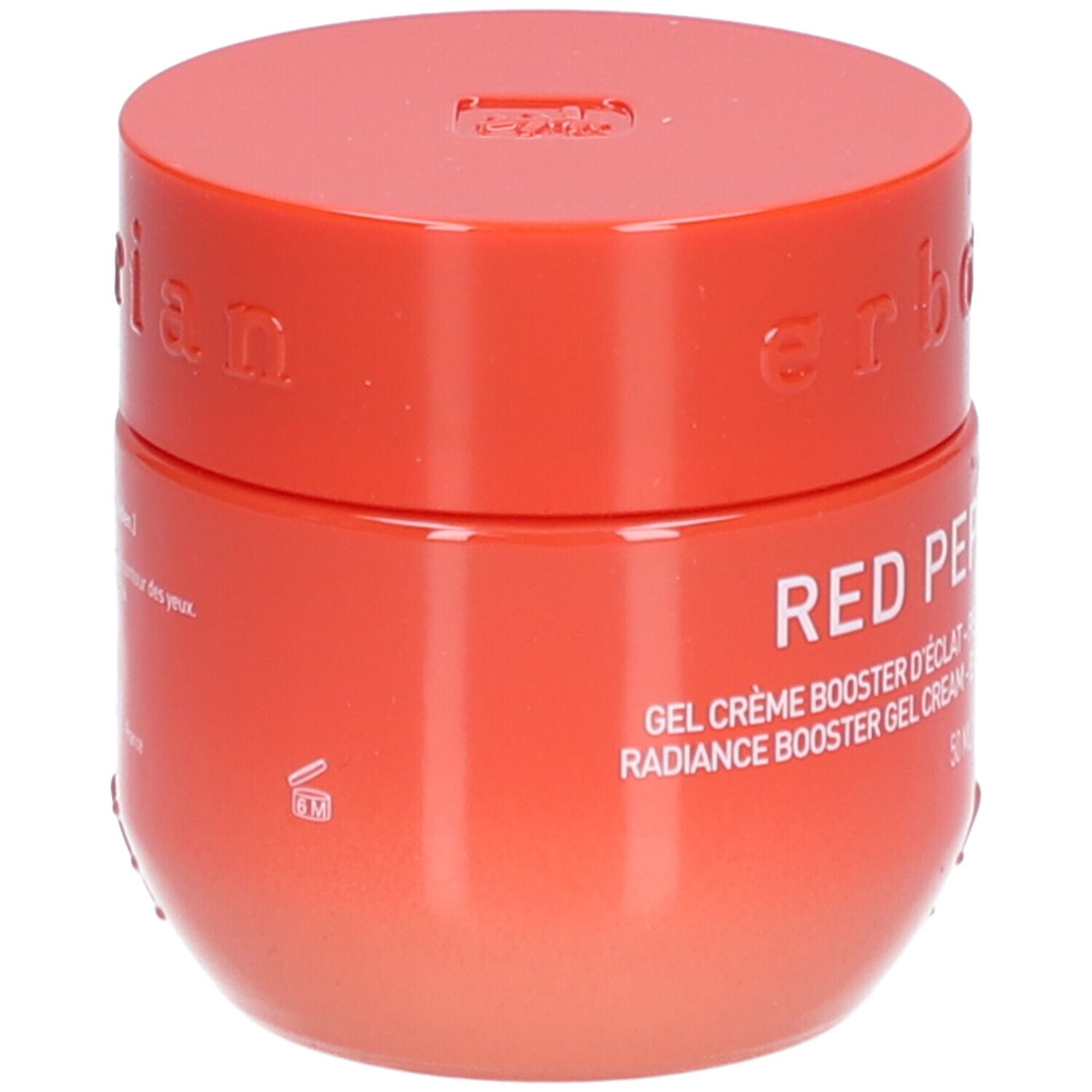 Roter Tiegel mit rotem Deckel. Aufschrift: Red Pepper Pulp, Gel Crème Booster d'Éclat. Marke Erborian.