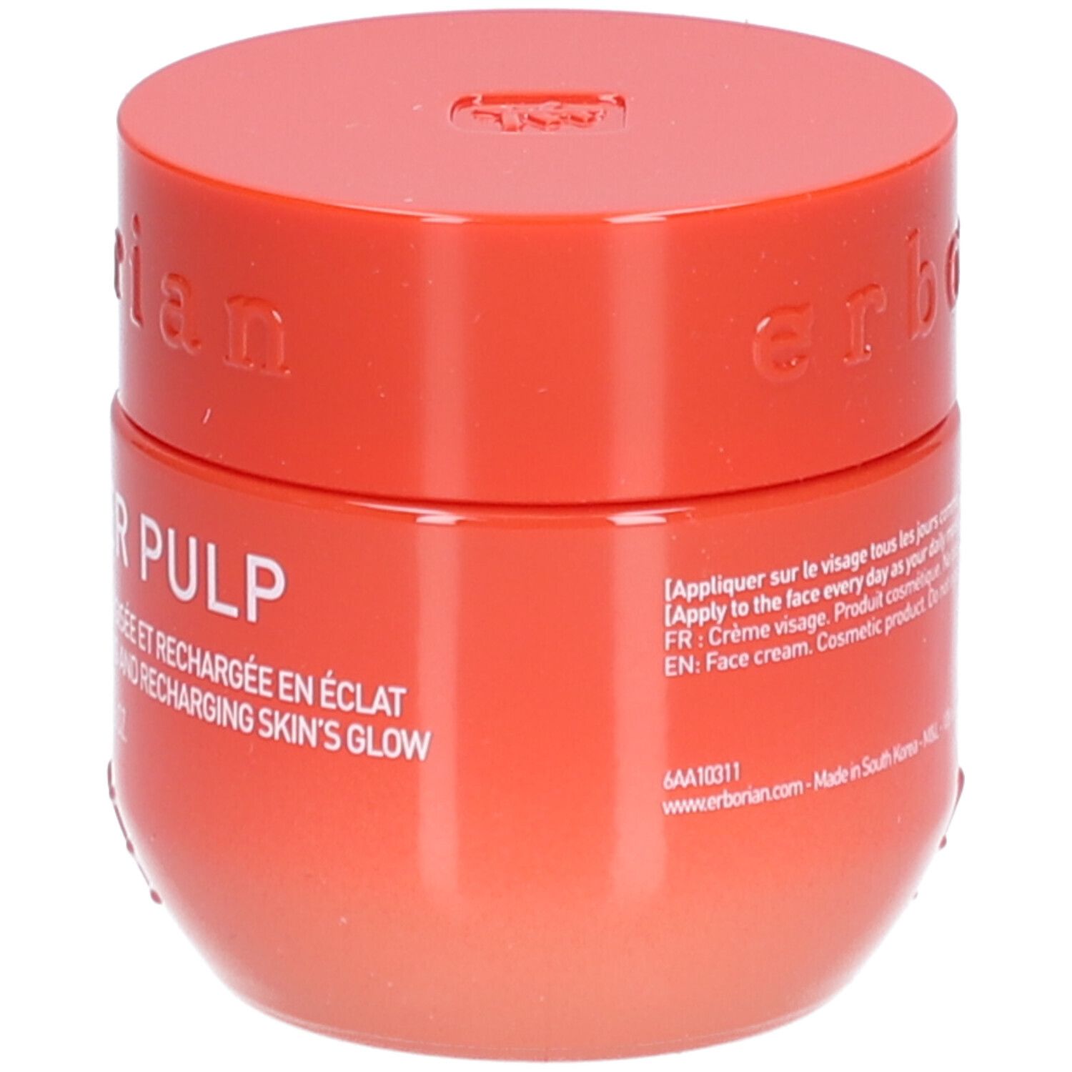 Roter Tiegel mit rotem Deckel. Aufschrift: Red Pepper Pulp, Gel Crème Booster d'Éclat. Marke Erborian.