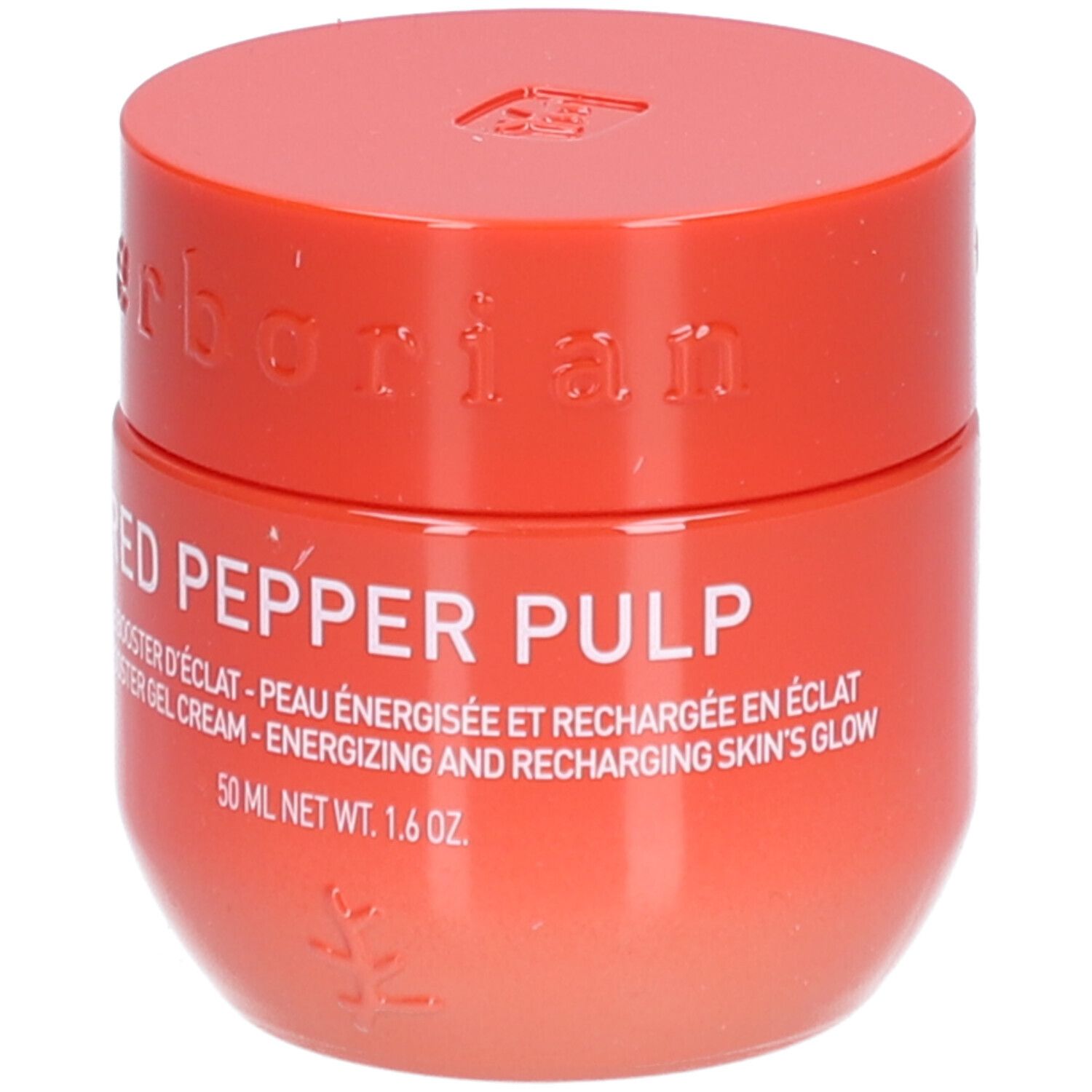 Roter Tiegel mit rotem Deckel. Aufschrift: Red Pepper Pulp, Gel Crème Booster d'Éclat. Marke Erborian.