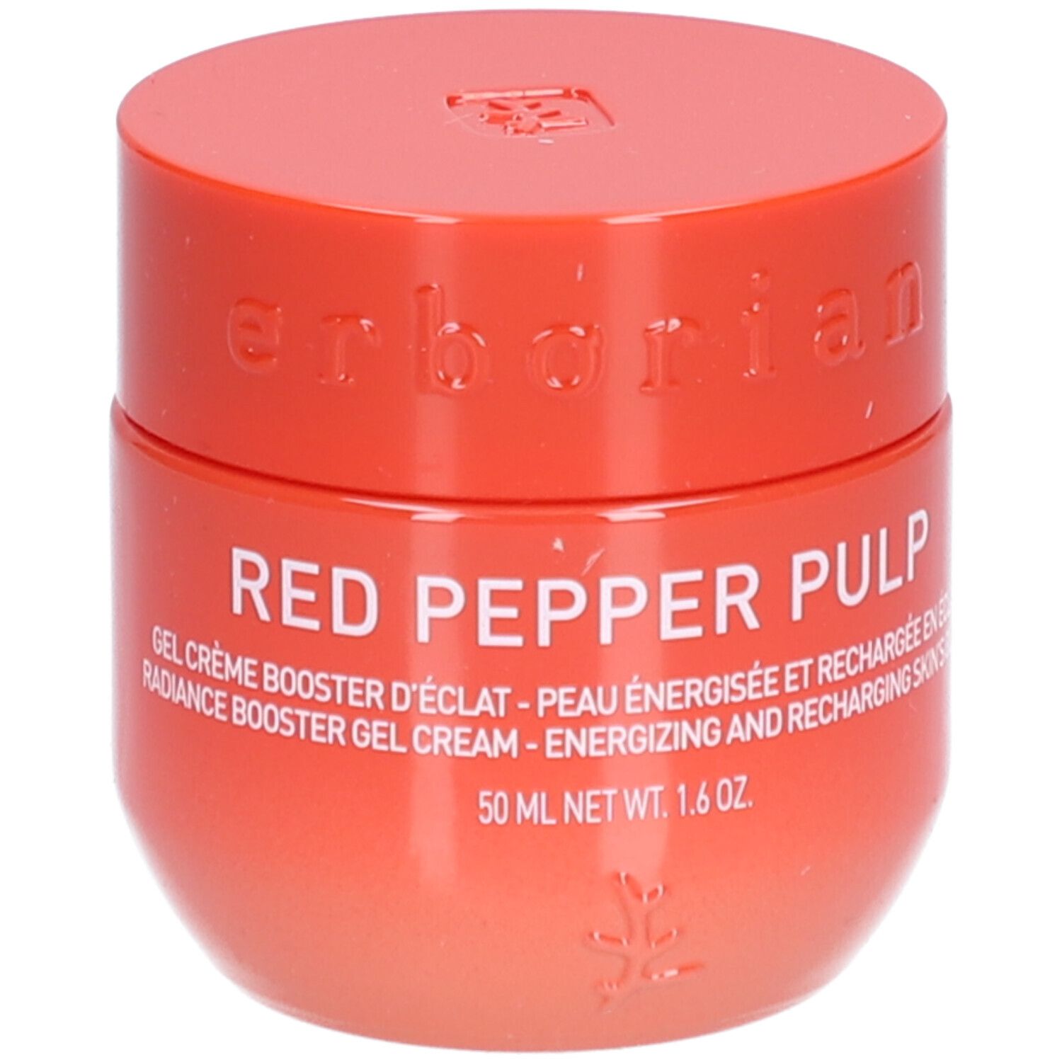 Roter Tiegel mit rotem Deckel. Aufschrift: Red Pepper Pulp, Gel Crème Booster d'Éclat. Marke Erborian.