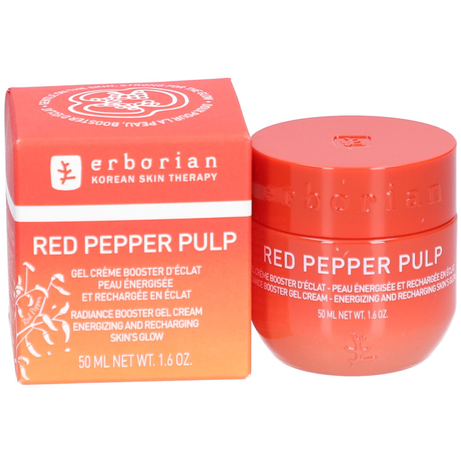 Roter Tiegel und Schachtel. Aufschrift: Red Pepper Pulp, Gel Crème Booster d'Éclat. Marke Erborian.