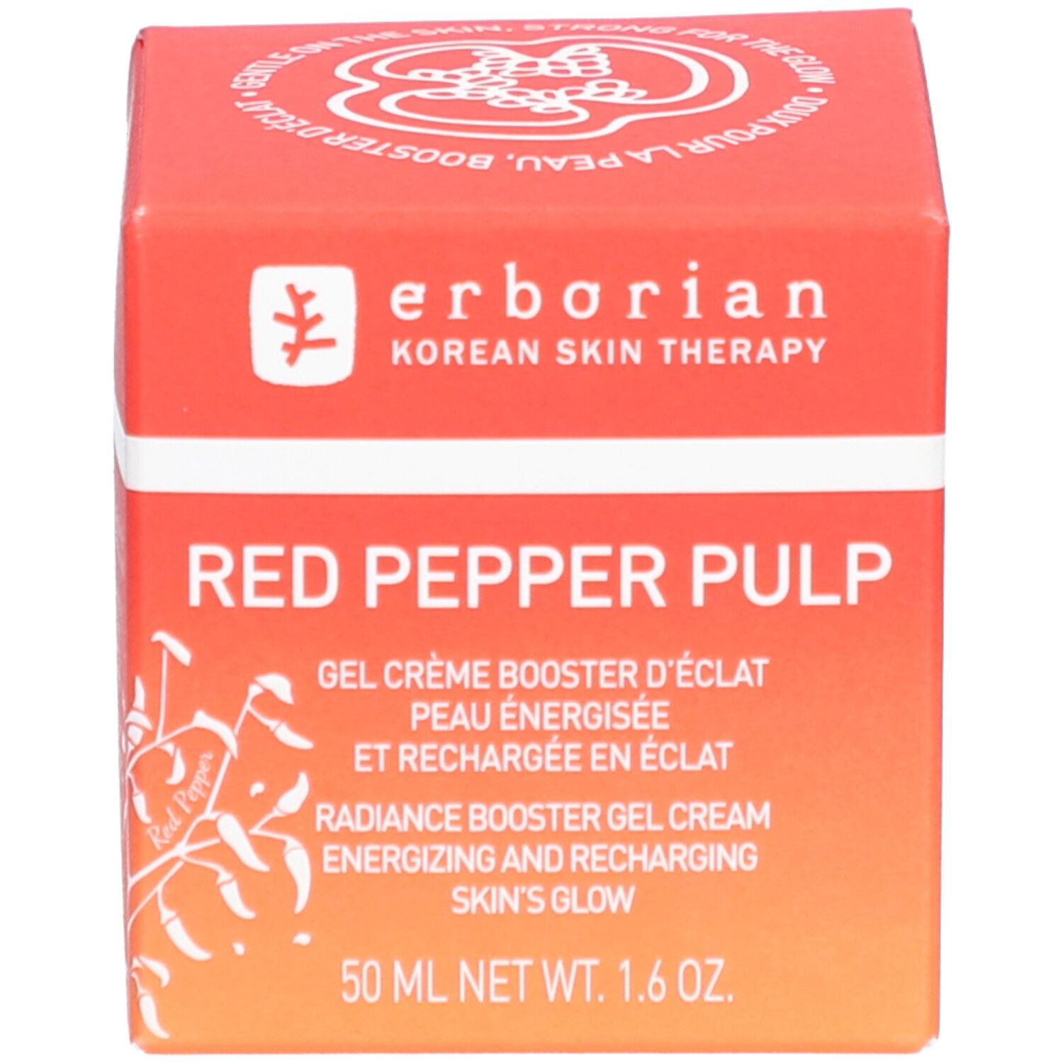 Rote Schachtel. Aufschrift: Red Pepper Pulp, Gel Crème Booster d'Éclat. Marke Erborian.