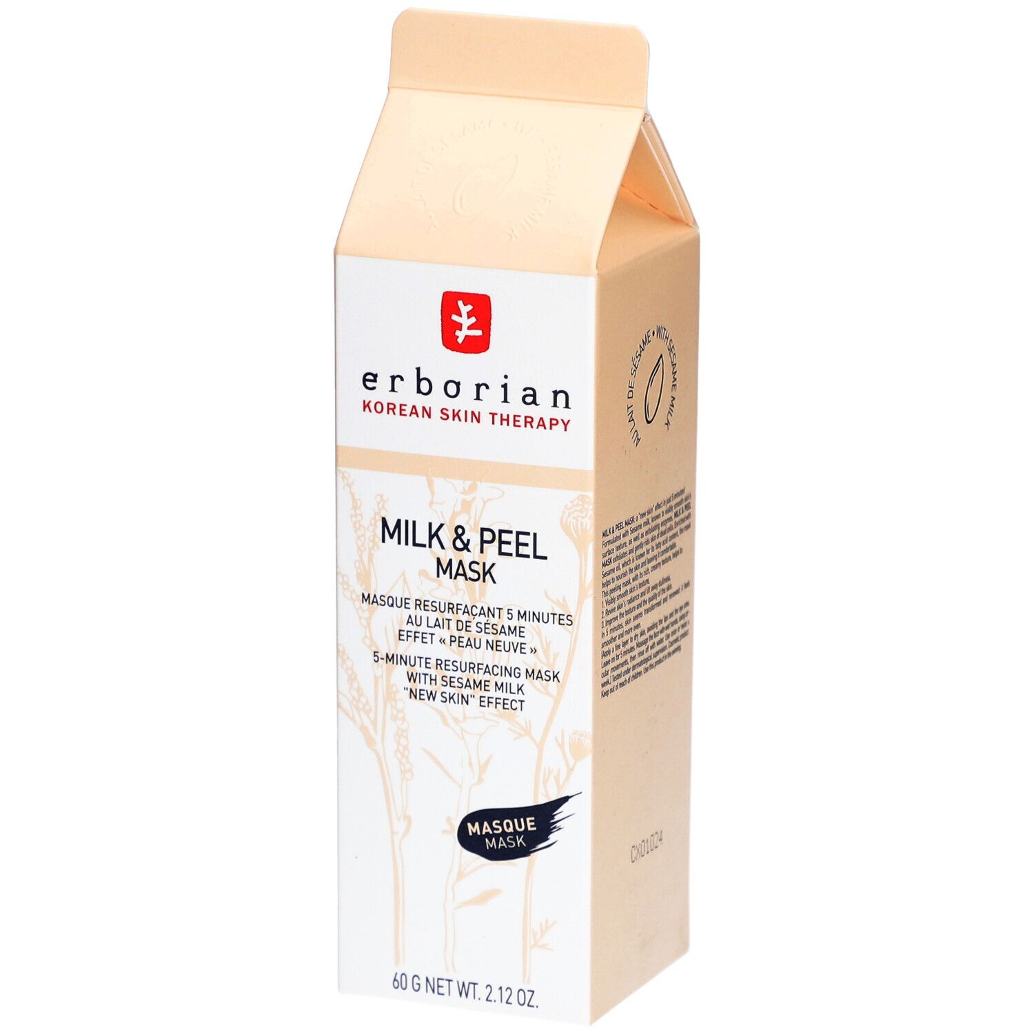 Beige Kartonverpackung mit Produktinformationen. Erborian-Logo und Produktname 'Milk & Peel Mask' deutlich sichtbar.