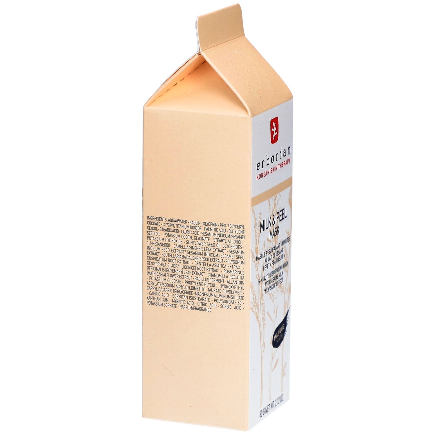 Seitenansicht der Kartonverpackung. Enthält Inhaltsstoffe und Produktinformationen. Erborian-Logo oben.