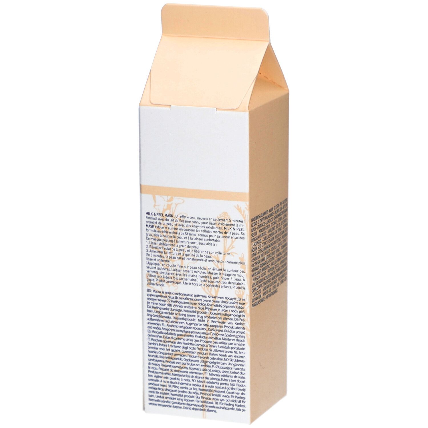 Rückseite der Kartonverpackung mit Text. Enthält Produktinformationen und Anweisungen.