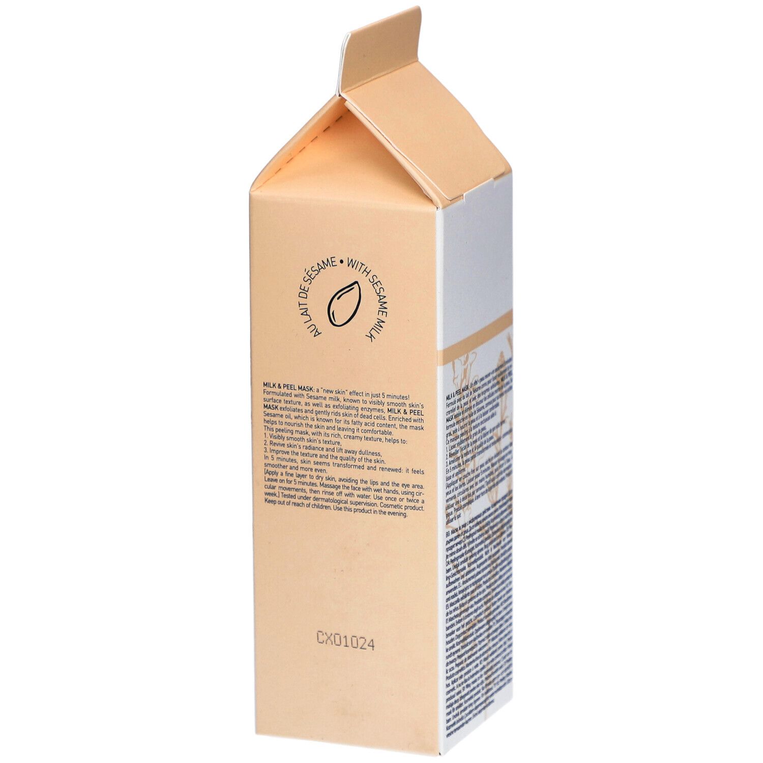 Seitenansicht der Verpackung mit Text. Enthält Produktinformationen und Anweisungen.