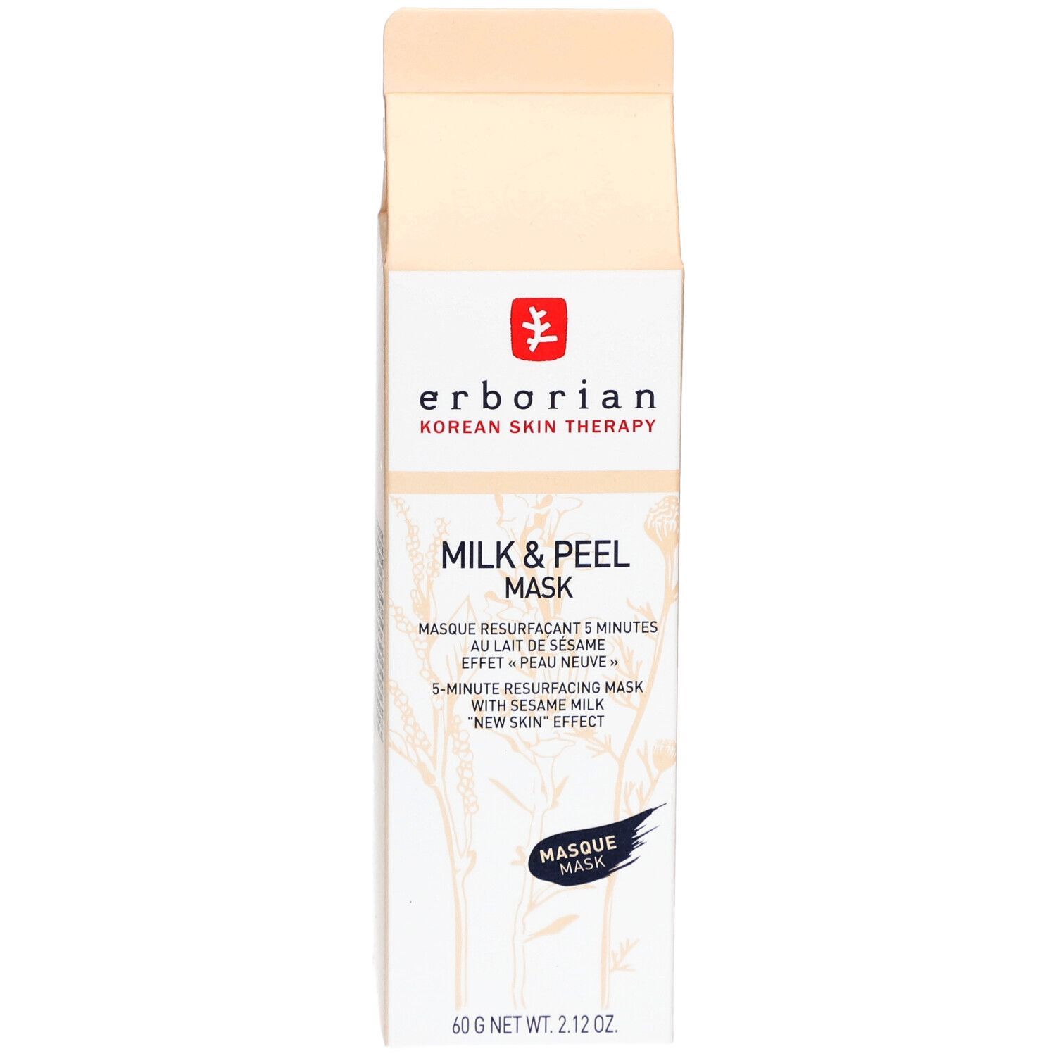 Kartonverpackung mit Erborian-Logo und Produktnamen 'Milk & Peel Mask'. Beige und weiß.
