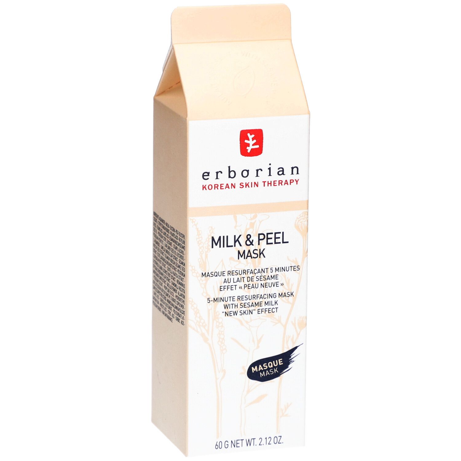 Kartonverpackung mit Erborian-Logo und Produktnamen 'Milk & Peel Mask'. Beige und weiß.