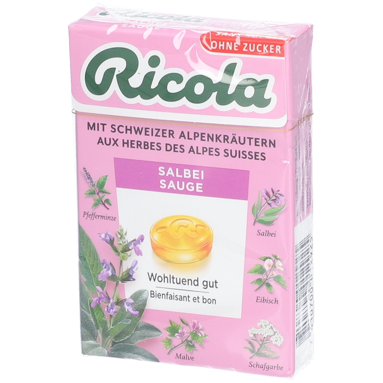 Boîte rose Ricola, bonbons à la sauge. Texte: Sans sucre, herbes des Alpes suisses. Illustrations de plantes.