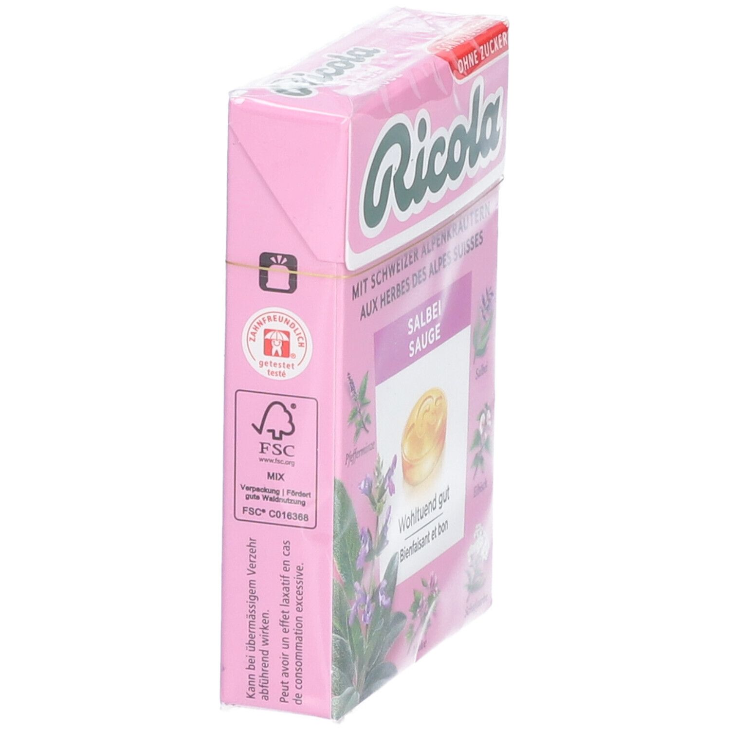 Boîte Ricola rose vue de côté. Logo, texte: Herbes des Alpes suisses, sauge. Label FSC. Film transparent.