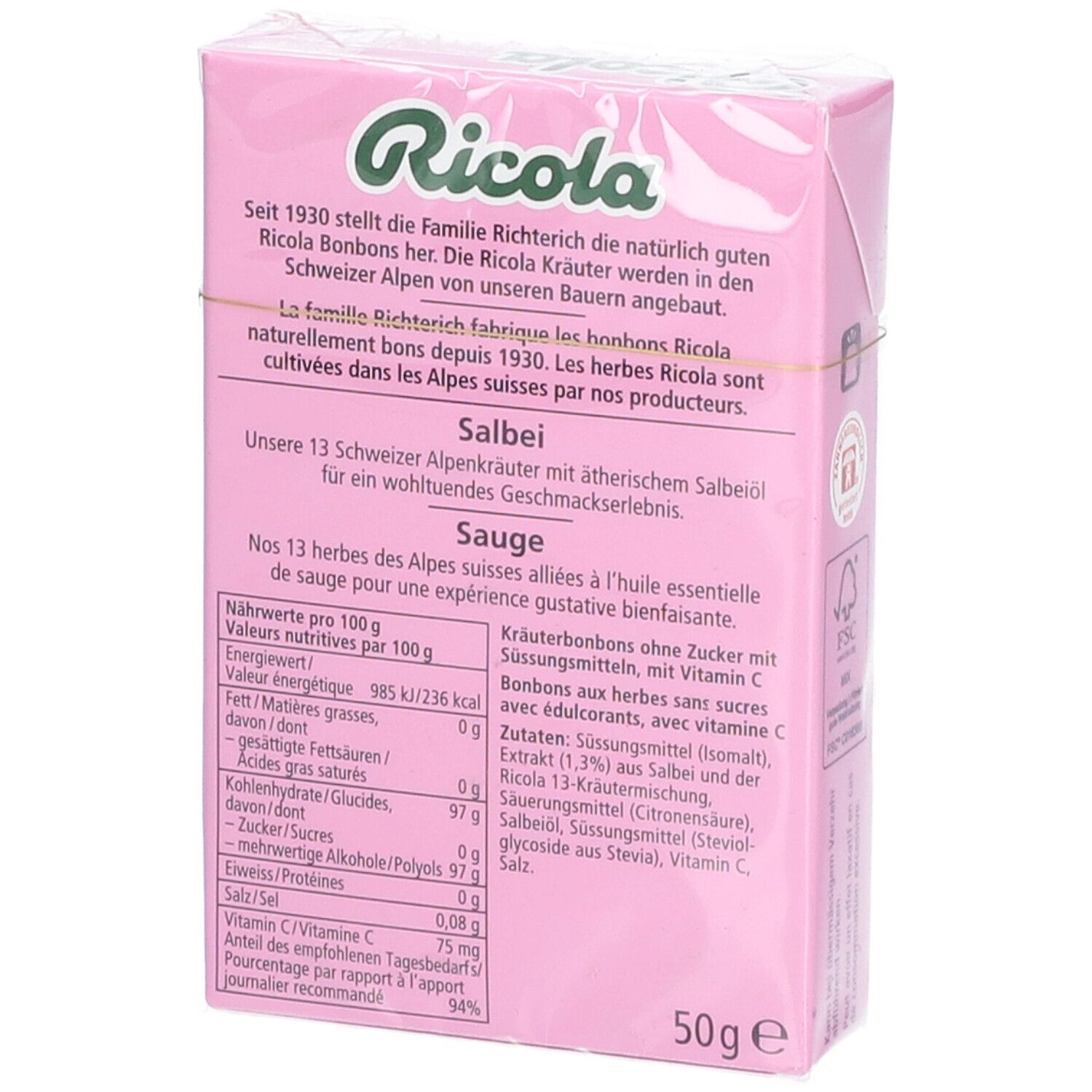 Dos de la boîte Ricola rose. Texte: Sauge, informations nutritionnelles, ingrédients, 50g. Logo.