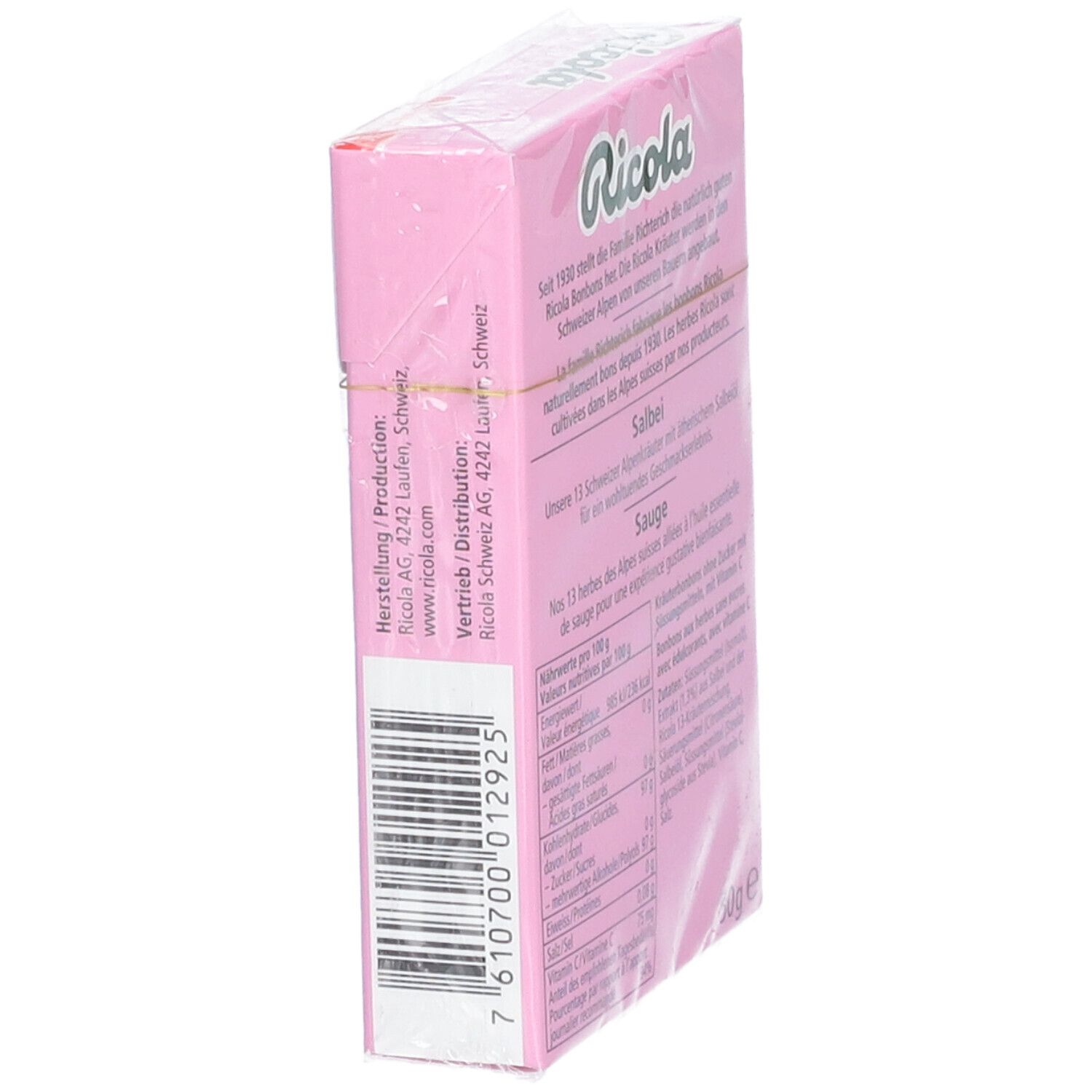 Boîte Ricola, dos, en biais. Texte: Fabricant, distribution, code-barres. Film transparent.