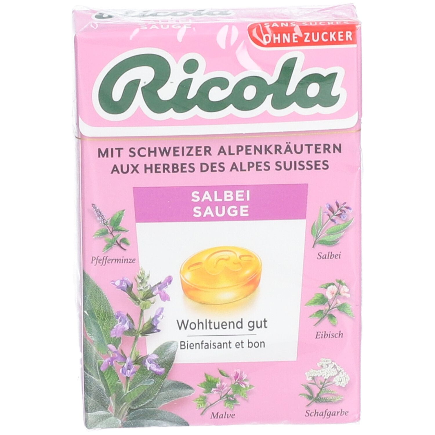 Boîte rose Ricola avec bonbons à la sauge. Texte: Sans sucre, herbes des Alpes suisses. Illustrations de plantes.