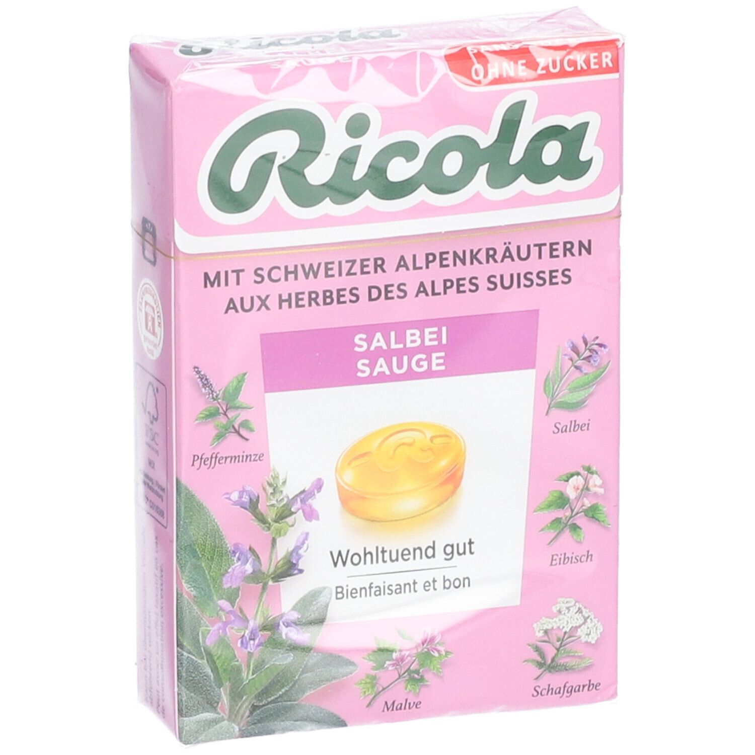 Boîte rose Ricola avec bonbons à la sauge. Texte: Sans sucre, herbes des Alpes suisses. Illustrations de plantes.