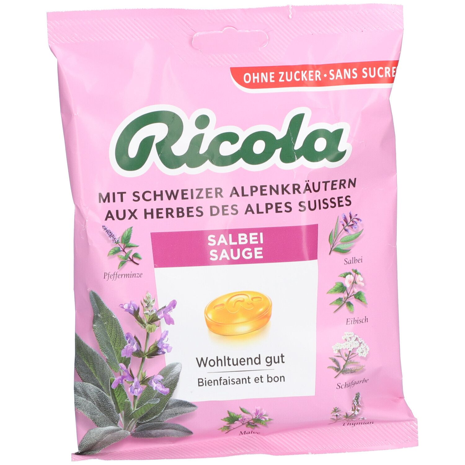 Rosa Beutel mit Ricola Salbei-Bonbons. Aufdruck: Kräuter, Salbei-Bonbon, Schriftzug. Ohne Zucker.