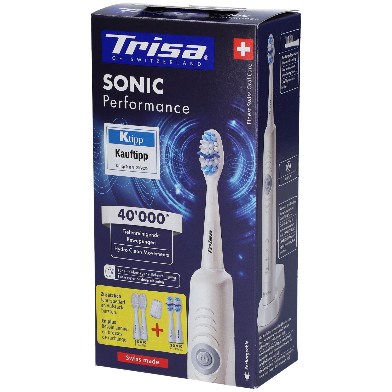 Verpackung der TRISA Sonic Performance Zahnbürste. Enthält Zahnbürste, Ladestation und Ersatzbürsten. Schweizer Qualität.