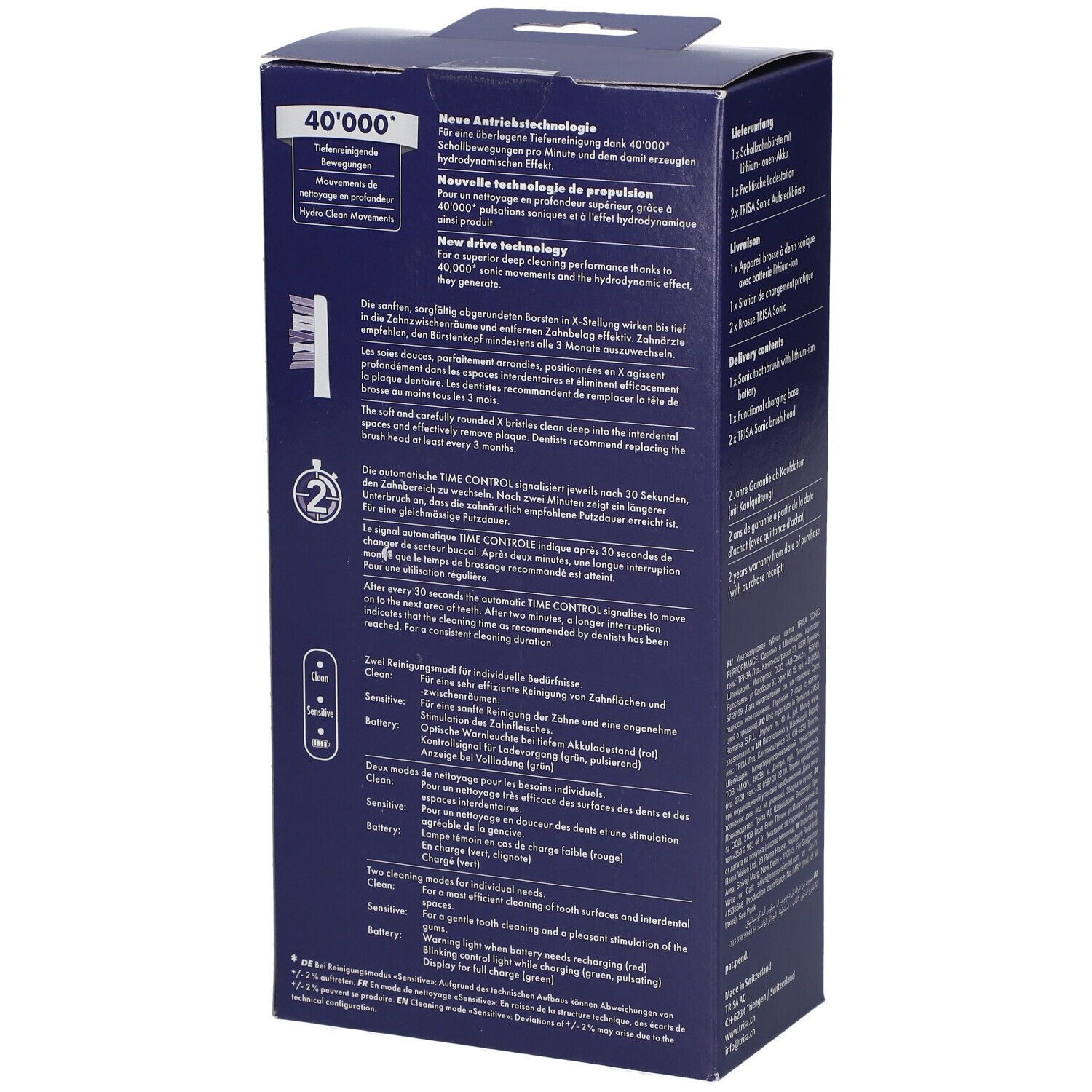 Detailansicht der Verpackung der TRISA Sonic Performance Zahnbürste. Beschreibt die Technologie und Funktionen.