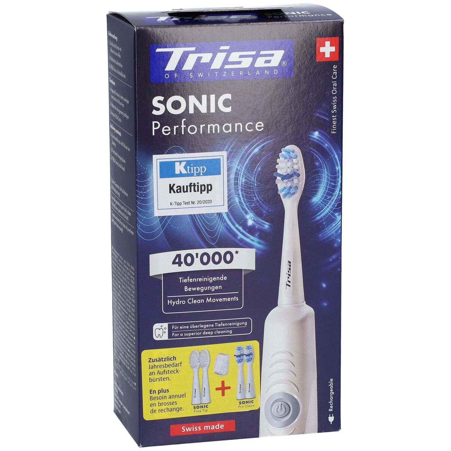 Vorderansicht der Verpackung der TRISA Sonic Performance Zahnbürste. Zeigt die Zahnbürste und Zubehör.