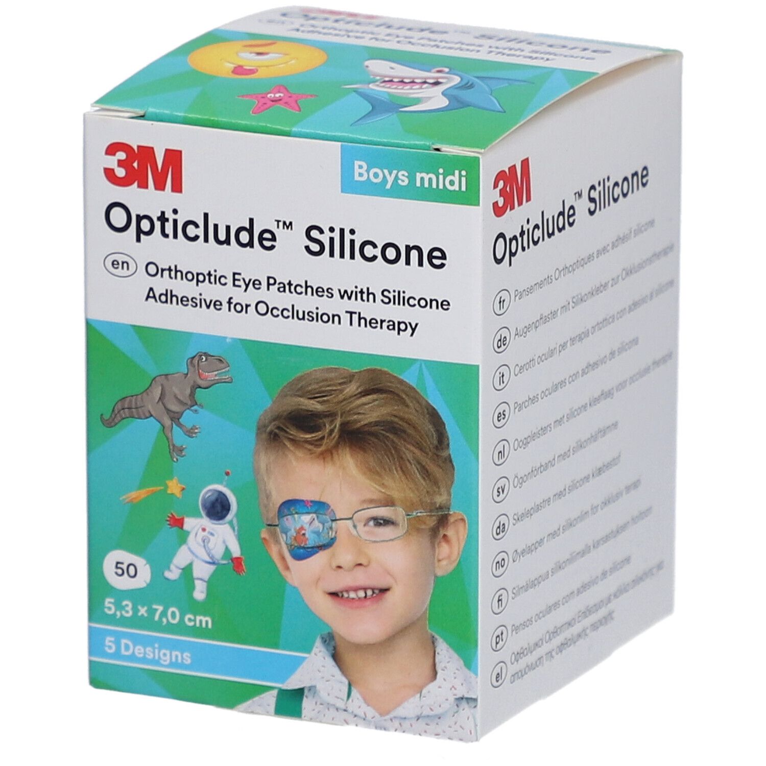 Verpackung von 3M Opticlude Silikon-Augenpflastern. Enthält 50 Pflaster, 5,3 x 7,0 cm, für Jungen. Mit Illustrationen.