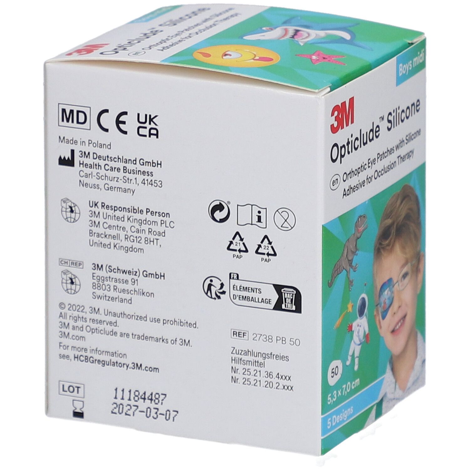 Rückseite der Verpackung von 3M Opticlude Silikon-Augenpflastern. Enthält Informationen zu Hersteller, Chargennummer und Haltbarkeit.