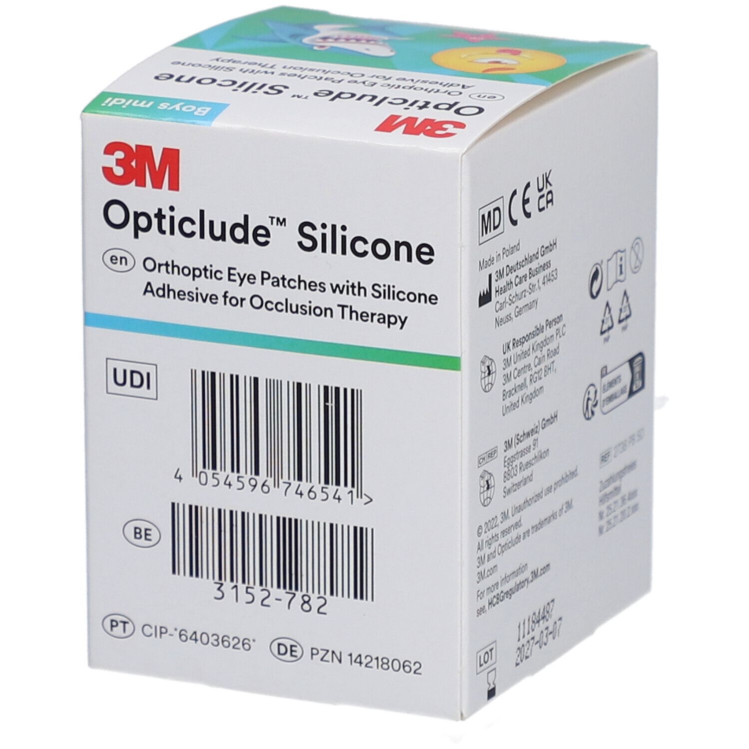 Verpackung von 3M Opticlude Silikon-Augenpflastern. Mit Barcode und UDI-Code. Enthält Informationen zum Produkt.