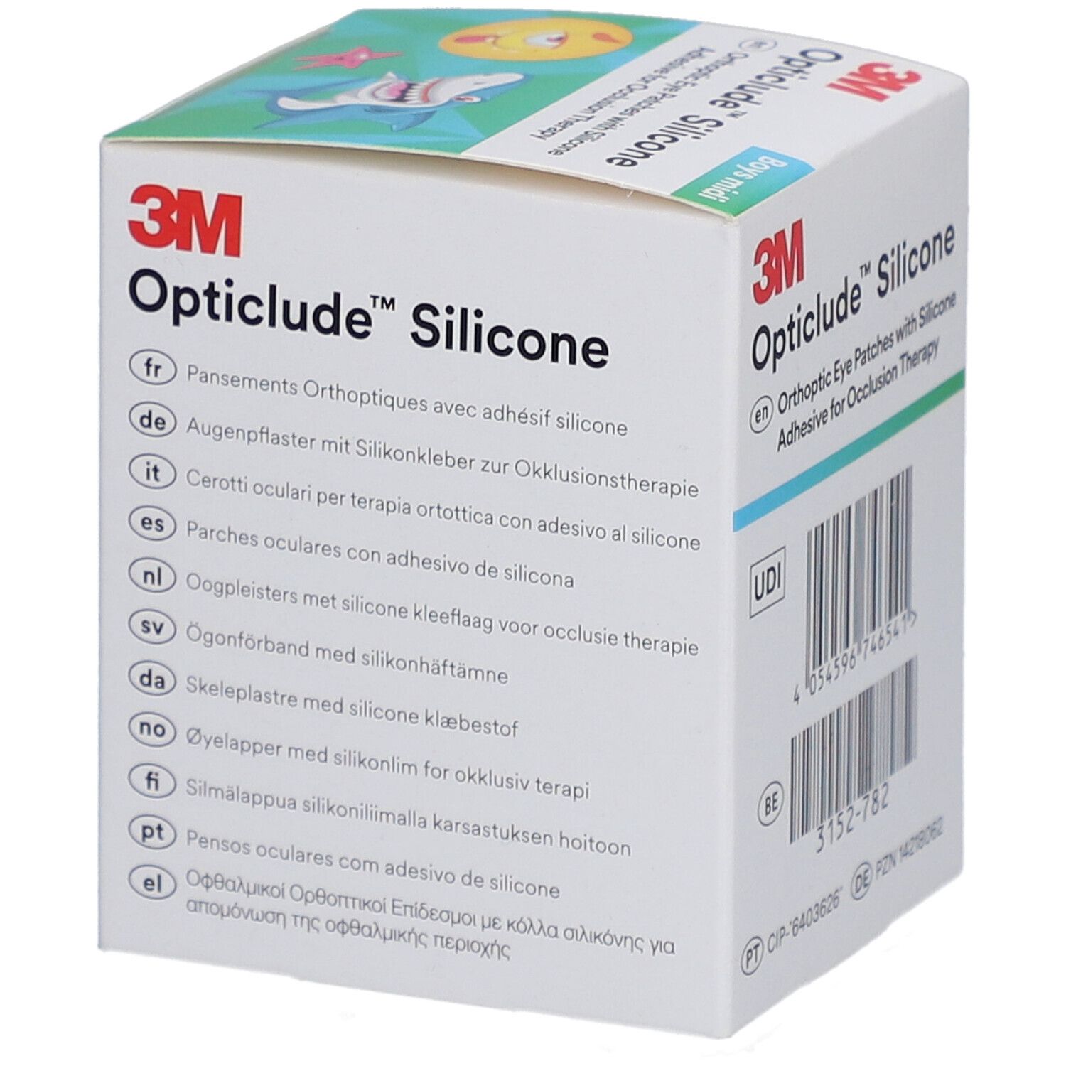 Seite der Verpackung von 3M Opticlude Silikon-Augenpflastern. Mehrsprachige Produktbeschreibung.