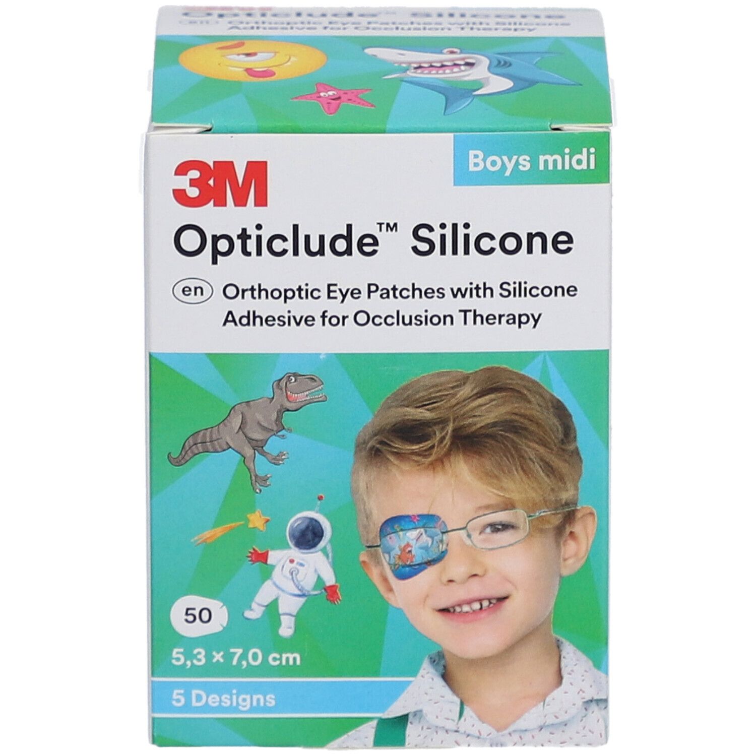 Vorderseite der Verpackung von 3M Opticlude Silikon-Augenpflastern. Zeigt ein Kind mit Augenpflaster. Enthält 50 Pflaster, 5,3 x 7,0 cm.