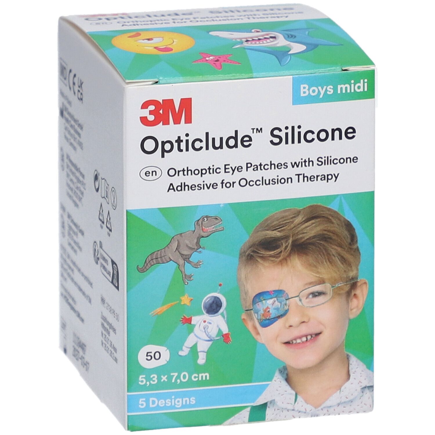 Verpackung von 3M Opticlude Silikon-Augenpflastern. Zeigt ein Kind mit Augenpflaster. Enthält 50 Pflaster, 5,3 x 7,0 cm.